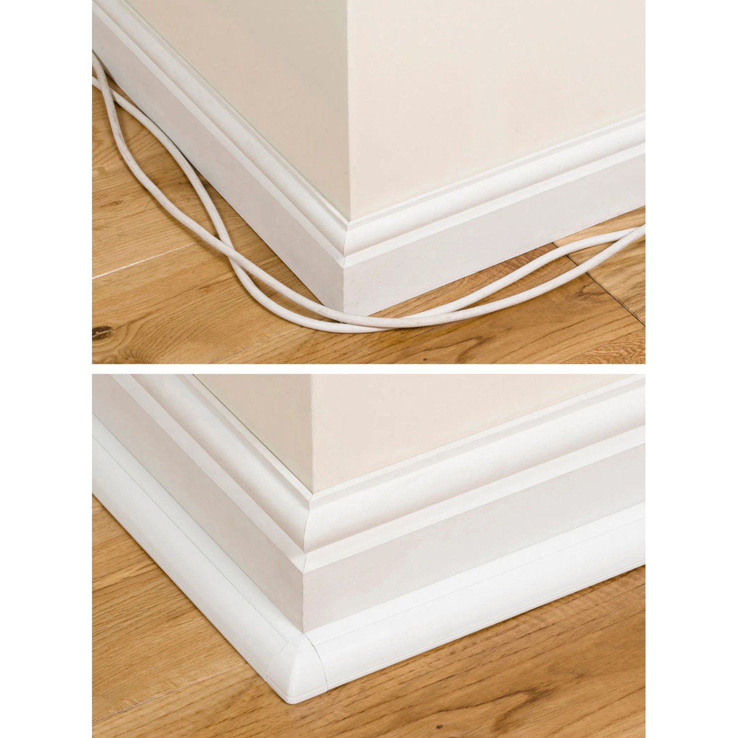 Weißer D-Line Kabelkanal (22x22mm) an einer Wand montiert, verdeckt Kabel.