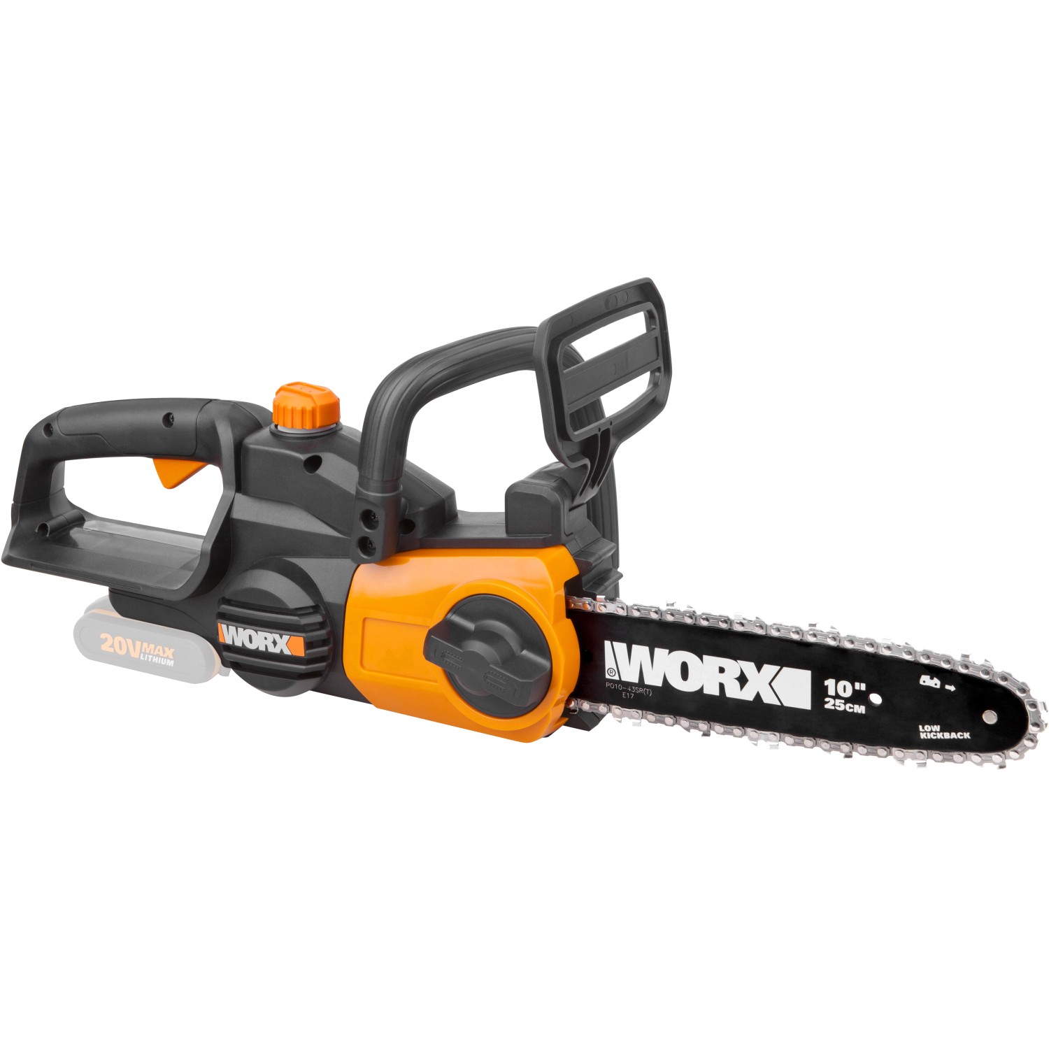Worx Akku-Kettensäge WG322E.9 Solo, 20V, mit orangefarbenen Akzenten und 25cm Schwert.