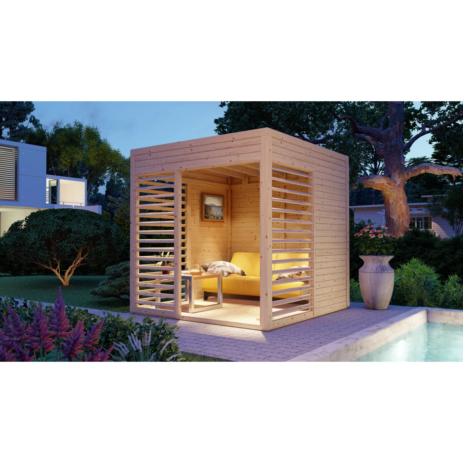 Bertilo Pavillon Garten-Lounge aus Holz, naturbelassen, mit Lounge-Möbeln im Garten.