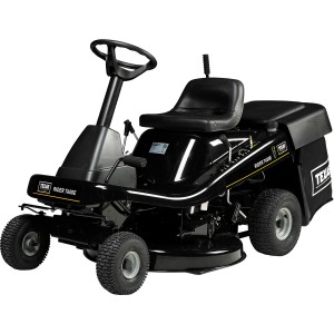 Schwarzer Texas Rasentraktor Rider 7600E 3-in-1 mit Fangkorb.