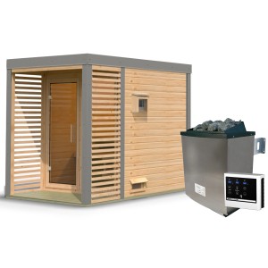 Karibu Saunahaus "Seros 1" mit Ofen 9 kW Extern Naturbelassen/Graualuminium