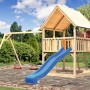 Karibu Spielturm Luis mit Doppelschaukel und blauer Rutsche aus naturbelassener Fichte.