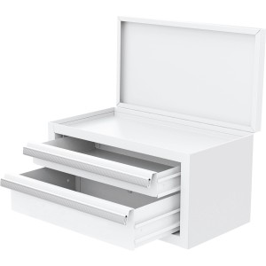 Weiße Mini Toolbox mit 2 Schubladen und Deckel, ideal zur Aufbewahrung von Kleinteilen.