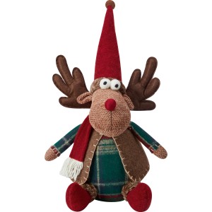 Dekorativer Rentier aus Stoff/Polyester in Rot/Braun für die Weihnachtsdekoration.