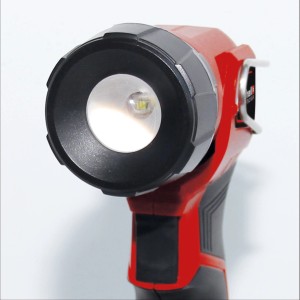 Einhell Akku-Lampe TC-CL 18 Li H-Solo: Rot-schwarze LED-Lampe mit Metallhaken.
