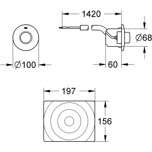 Technische Zeichnung: Grohe Pneumatik-Betätigung in Chrom, Maße für Installation der WC-Drückerplatte.