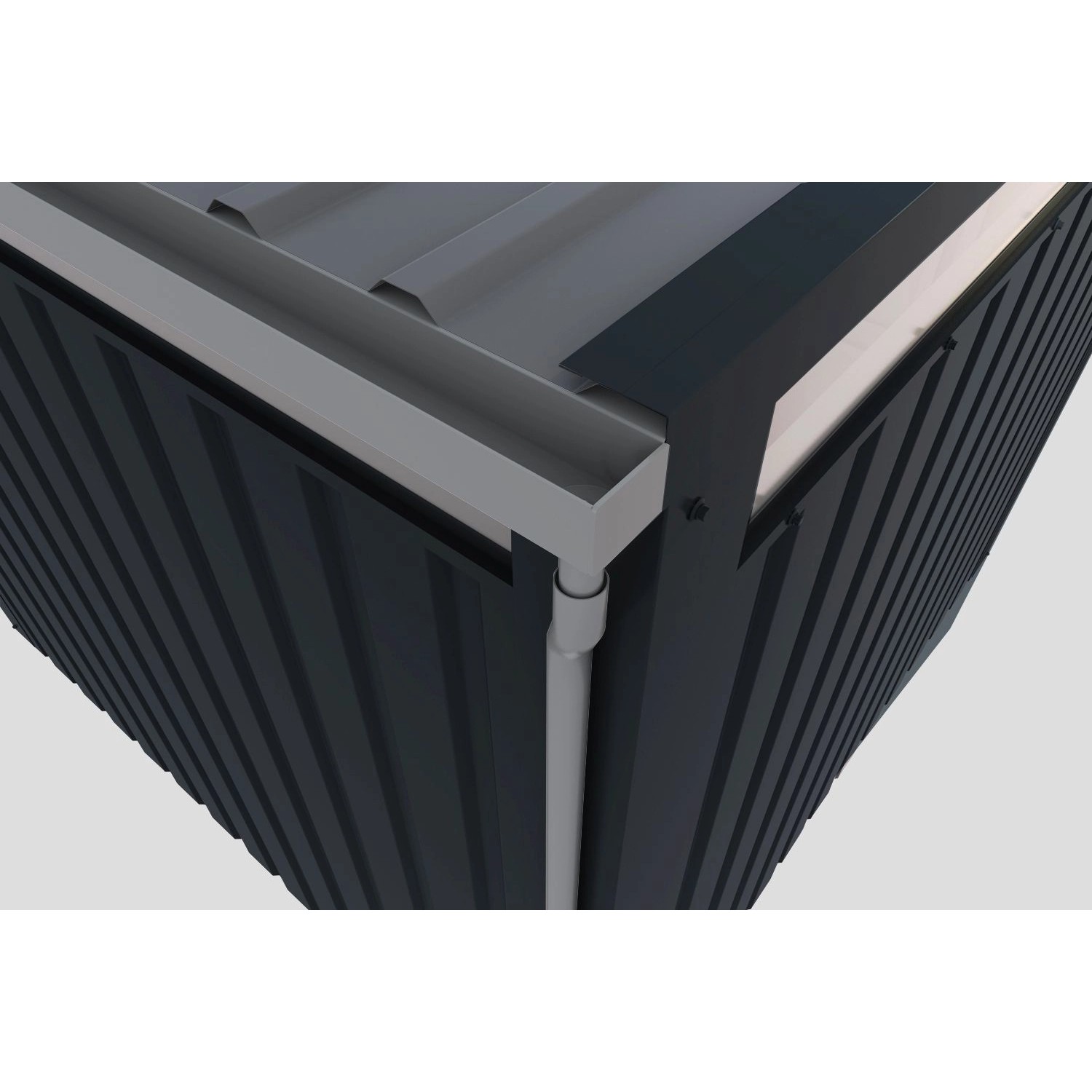 Detailansicht Karibu Gartenhaus Amato 1,5 Graualuminium mit Regenrinne und Fallrohr.