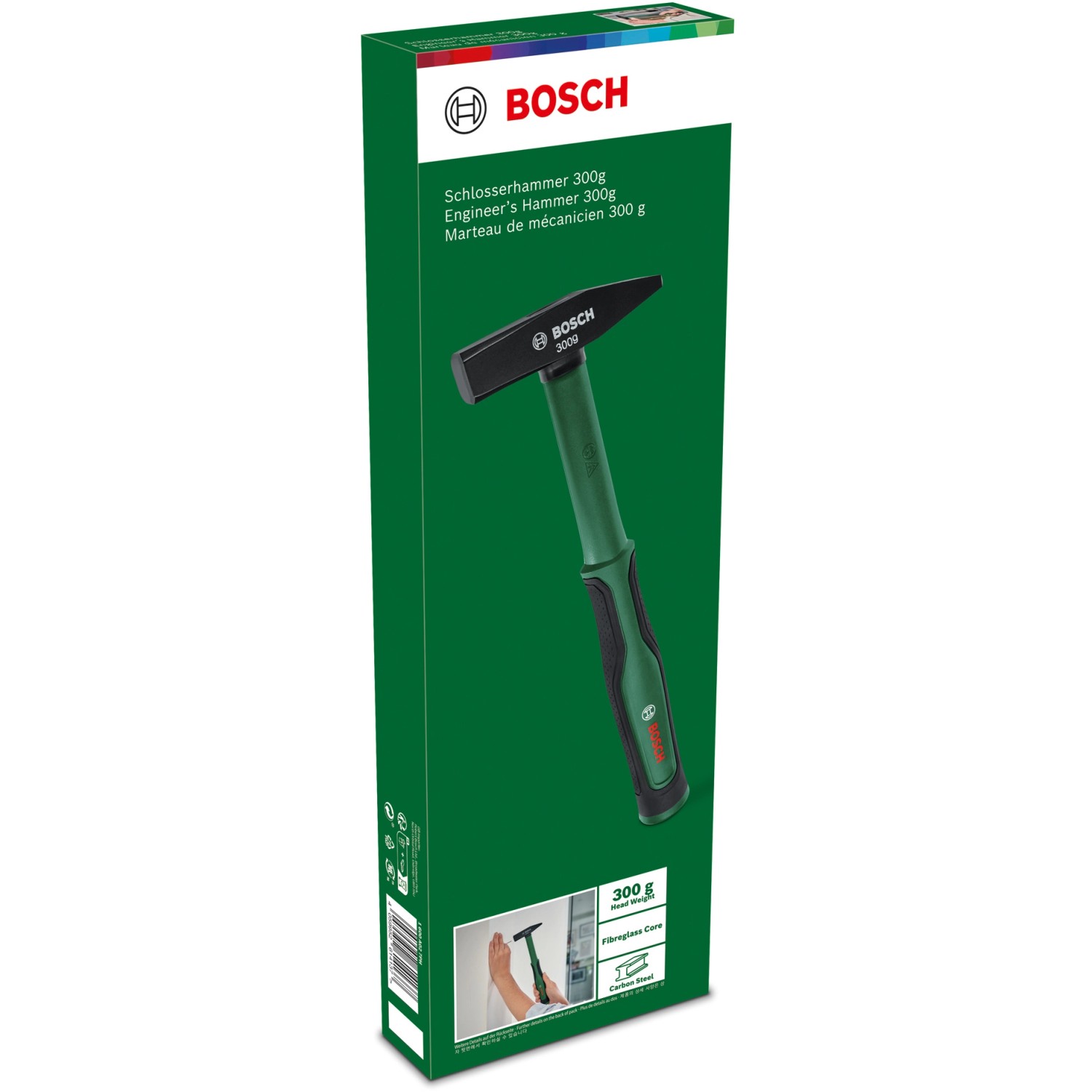 Bosch Schlosserhammer 300g in Verpackung: Hammer mit grün-schwarzem Griff und Stahlkopf.