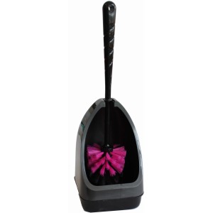 Anthrazit-schwarze Bürstenmann WC-Garnitur mit bunter Bürste im runden Kunststoffständer.