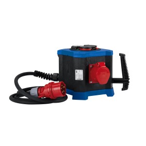 HEDI Steckdosenverteiler mit Station KVM302016, schwarz-blau, mit CEE-Steckdosen und Tragegriff.