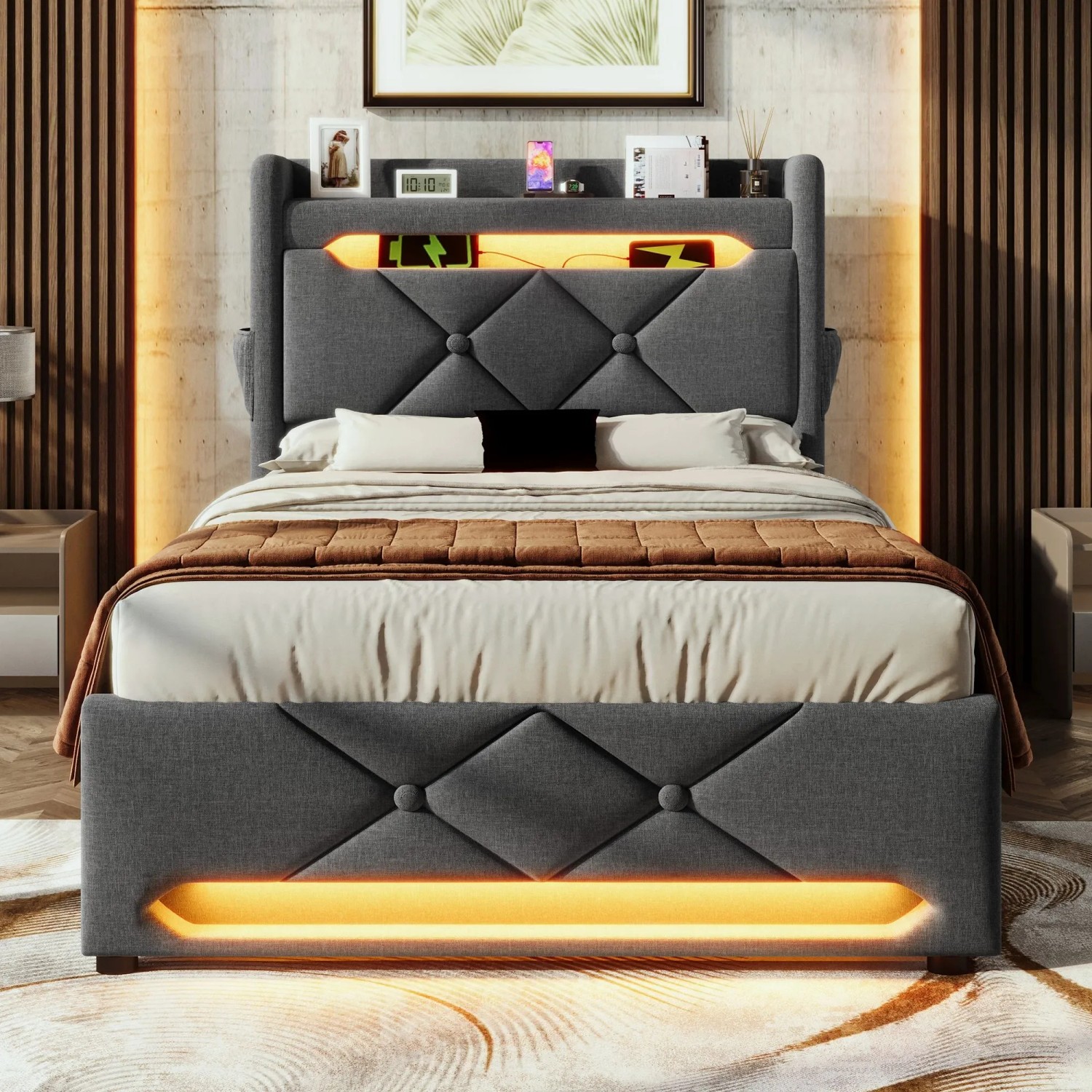 okwish Polsterbett 90x200cm mit LED Stauraum USB Kopfteil Grau ohne Matratze_6