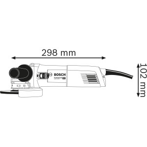 Skizze des Bosch Professional GWX 10-125 Winkelschleifers mit Maßangaben.
