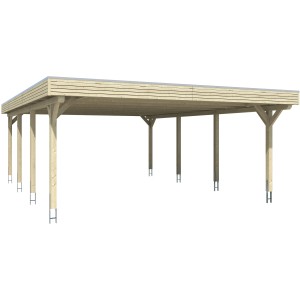Weißer Skan Holz Doppelcarport Spessart mit Flachdach und acht Pfosten.