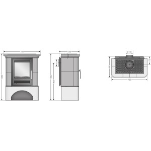 Technische Zeichnung: Justus Bavaria Kaminofen, Keramik Grün, 7 kW, mit Maßangaben.