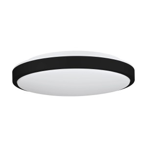 Moderne, flache LED-Deckenleuchte Lezuza von Eglo, Ø 43 cm, weiß mit schwarzem Rand.