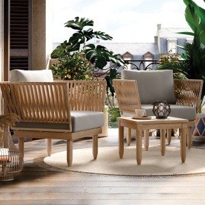 3-teiliges Balkonset Trons aus Akazienholz mit Wicker-Optik und grauen Auflagen.