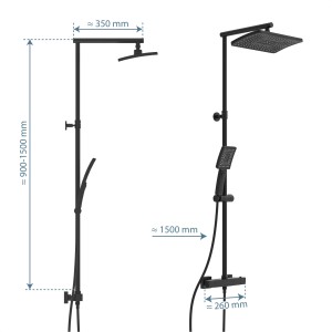 Schütte Überkopf-Brauseset Trento, Thermostat, Schwarz Matt, mit Kopf- und Handbrause, Maße sind eingezeichnet.