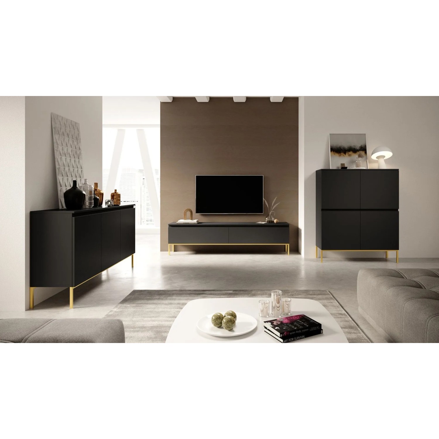 Selsey Sideboard Bemmi 150 cm schwarz mit goldenen Beinen in modernem Wohnzimmer. Elegante Kommode mit Stauraum.