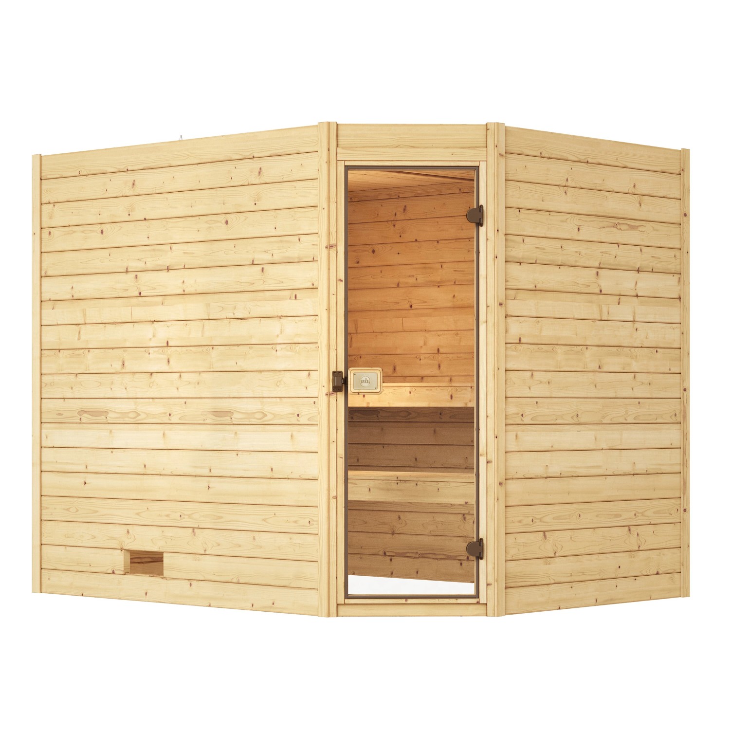 Weka Massivholzsauna Valida Eck mit Glastür, naturbelassenes Fichtenholz. Platzsparende Ecksauna ohne Ofen.