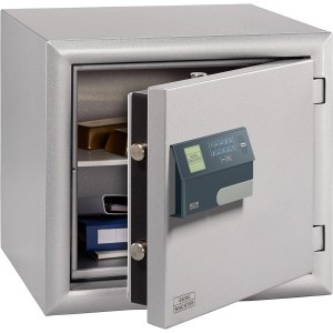 Burg-Wächter Tresor MTD 750 E FP, Wertschutzschrank mit geöffneter Tür und elektronischem Schloss.