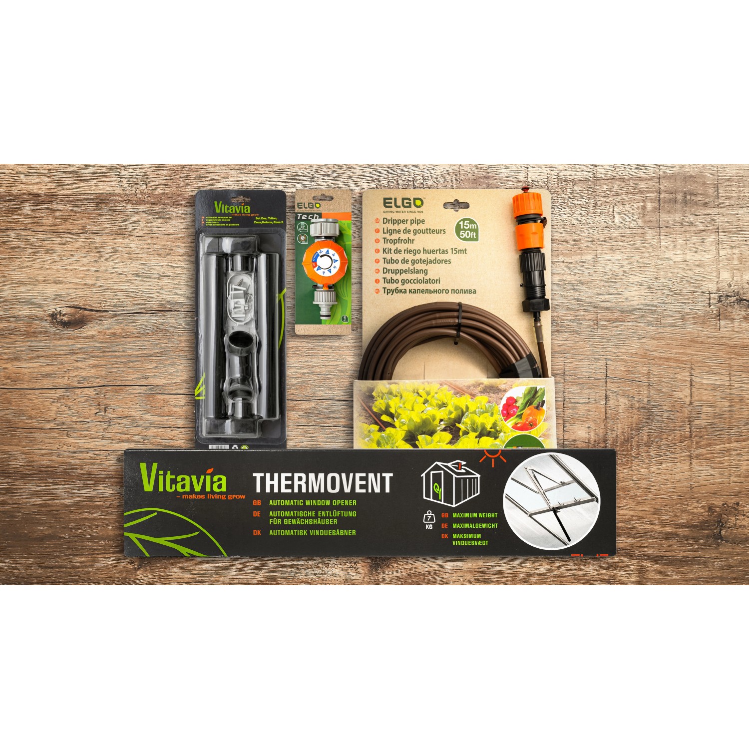 Vitavia Triton 5000 Vorzugsset: Automatischer Fensterheber, Regenfallrohr, Bewässerungsuhr, Tropfschlauch für Gewächshaus.