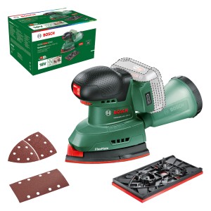Bosch Akku-Multischleifer UniversalSander 18V-10 Solo mit Schleifblättern und Zubehör.