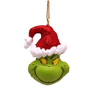 Dr. Seuss Grinch Weihnachtsanhänger mit roter Glitzer-Nikolausmütze, 3D, handbemalt, 10 cm.