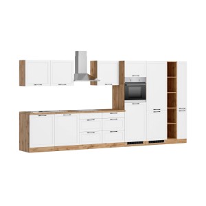 Moderne Küchenzeile Kempten 420 cm in Weiß/Wotan mit E-Geräten und Edelstahl Kaminhaube.