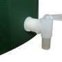 Detailaufnahme: Grüne, eckige Regentonne 300 l mit montiertem, weißen Wasserhahn.