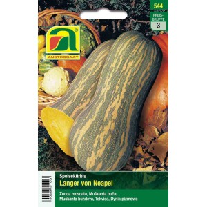 Saatgutpackung: Langer, gestreifter Kürbis 'Langer von Neapel', angeschnitten mit orangem Fruchtfleisch.