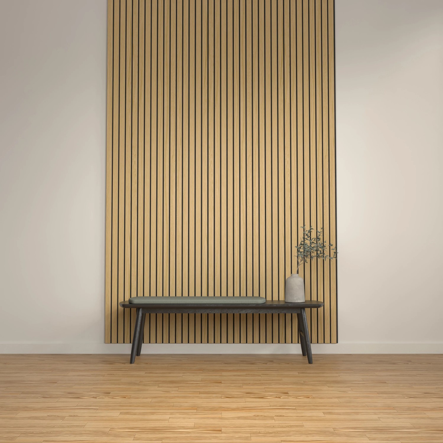 Akustikpaneel Eiche, brandhemmend, 60x300cm, an Wand montiert. Holzoptik für Schallschutz und Raumakustik.