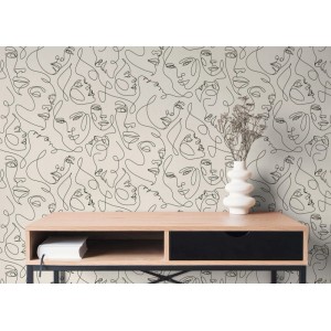 Vliestapete mit modernem Fine Line Gesichter-Motiv in Schwarz auf hellem Hintergrund. Dekorative Wandgestaltung für Wohnräume.