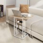 HOMCOM Beistelltisch C-förmig, holzfarben, weißes Metallgestell, erweiterbare Tischplatte mit Ladestation und USB-Ports, am Sofa.