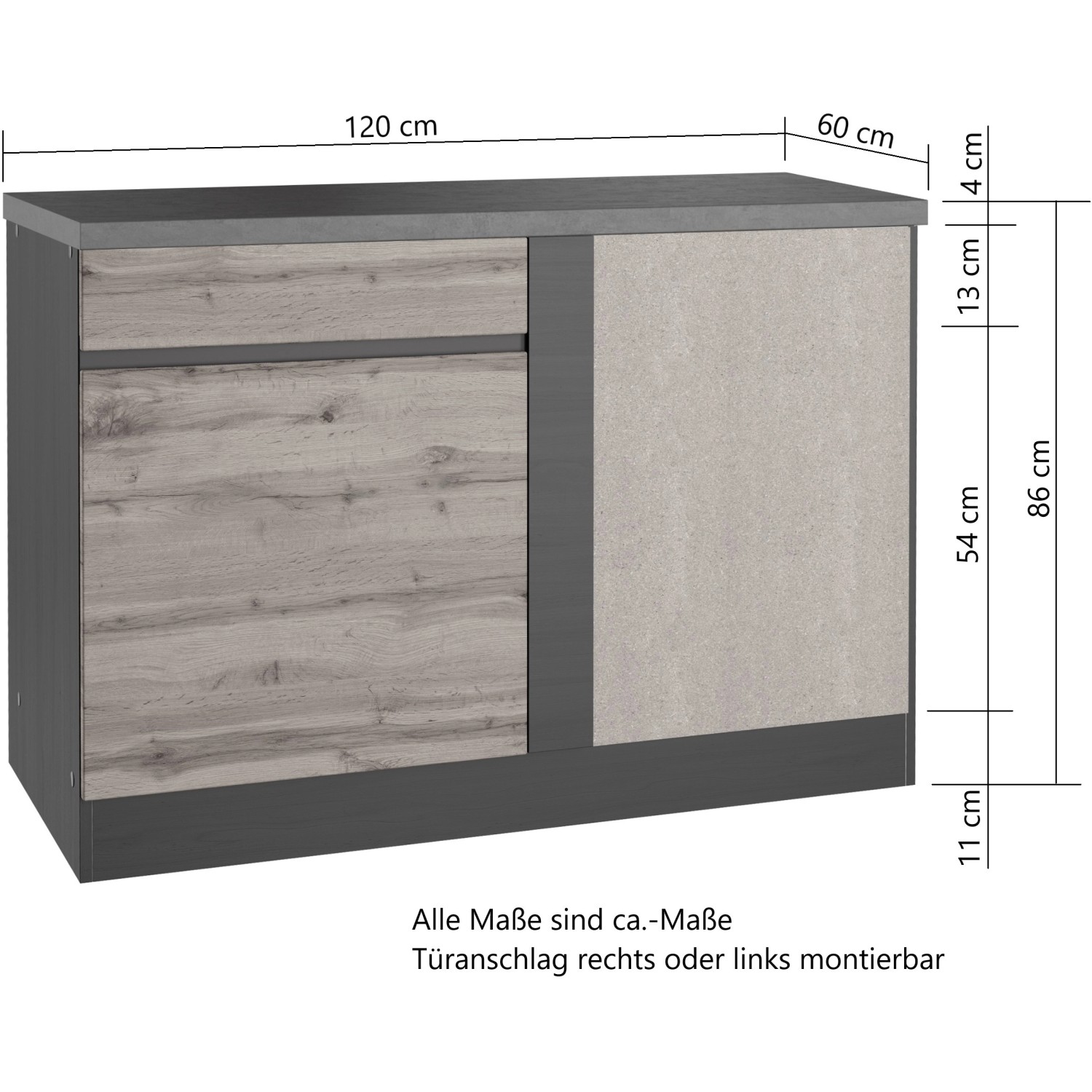 Held Möbel Küchen-Eckschrank Turin, 120 cm, Graphit/Wotaneiche, mit Tür und Ablagefächern.