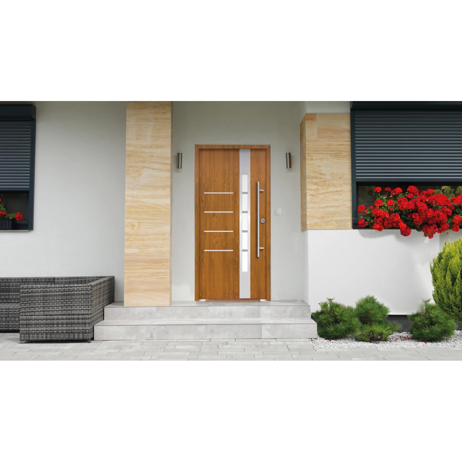 Moderne Splendoor Sicherheits-Haustür Berlin Prime RC2 in Gold.Oak mit Edelstahl-Applikationen.