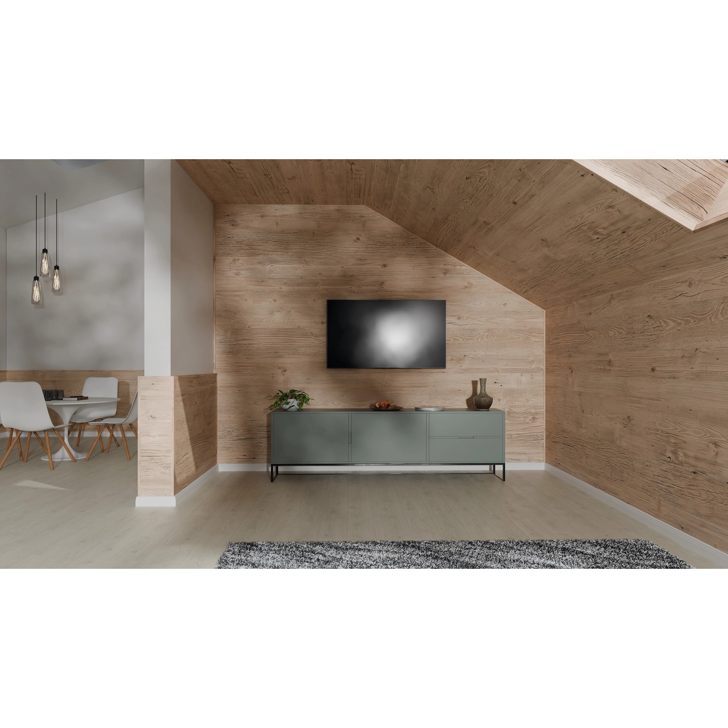 Raum mit Egger Decowall Faltleiste FL006 Namur Fichte als Wandverkleidung.