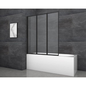 Aurlane Badewannenfaltwand Black Star, 3-teilig, mit schwarzem Rahmen auf einer weißen Badewanne.