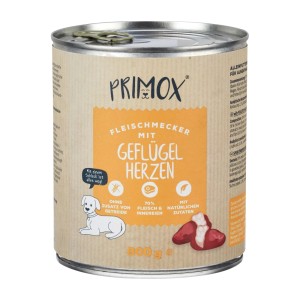 Primox Fleischmecker Geflügelherzen 800g Nassfutter für Hunde. Getreidefrei, 70% Fleisch & Innereien, natürliche Zutaten.