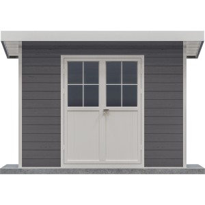 Modernes, anthrazitfarbenes Elephant WPC Gartenhaus mit Flachdach und weißer Doppeltür.