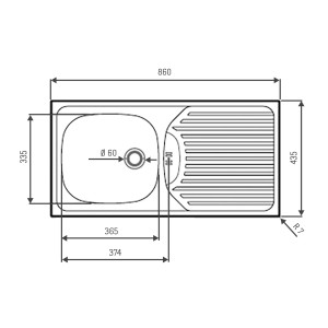 Technische Zeichnung: Pyramis Einbauspüle CA 86x43,5 cm aus Edelstahl mit Becken links und Abtropffläche rechts.