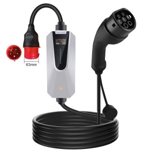 Tragbares Junsun 22 kW Typ 2 EV Ladegerät mit 32A CEE Stecker, Steuerbox und 6m Kabel.
