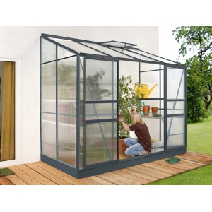 Vitavia Anlehn-Gewächshaus Ida 3300, 3,3 m², schwarz, mit Hohlkammerplatten. Anbau von Pflanzen.