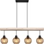 Schwarze, 4-flammige Globo Pendelleuchte Paulo mit Holz und amberfarbenen Glasschirmen.