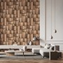 Moderne, braune Marburg Vliestapete in 3D-Optik mit grafischem Muster im Wohnzimmer.