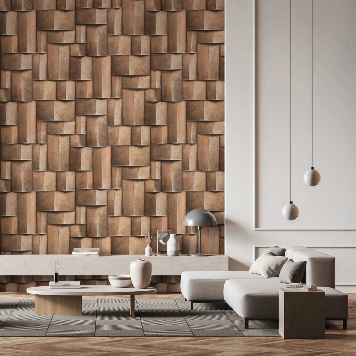 Moderne, braune Marburg Vliestapete in 3D-Optik mit grafischem Muster im Wohnzimmer.