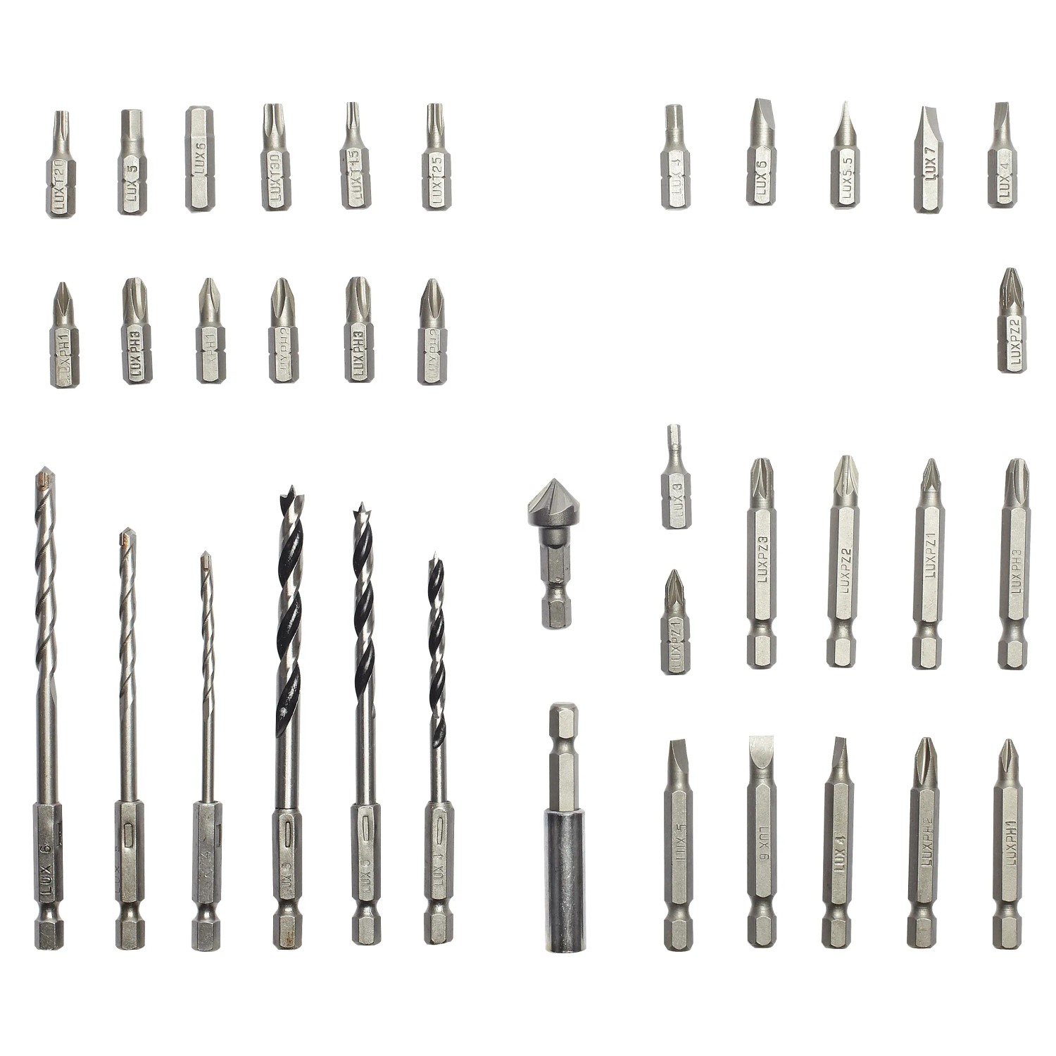 LUX Bohrer- und Bit-Set, 42-teilig, mit verschiedenen Bohrern, Bits und Bithalter.