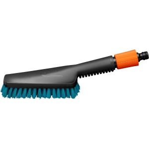 Gardena Cleansystem Handbürste Hard S mit Schlauchanschluss, anthrazit und blauen Borsten.