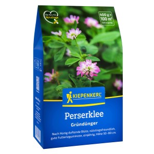 Kiepenkerl Perserklee Gründünger, 400g Packung mit blühendem Klee. Bienenweide zur Bodenverbesserung.