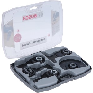 Bosch Starlock Set Best of Wood, 7-teilig, Zubehör für Multifunktionswerkzeuge im geöffneten Koffer.