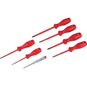 LUX VDE Schraubendrehersatz, 7-teilig mit roten Griffen und Spannungsprüfer.